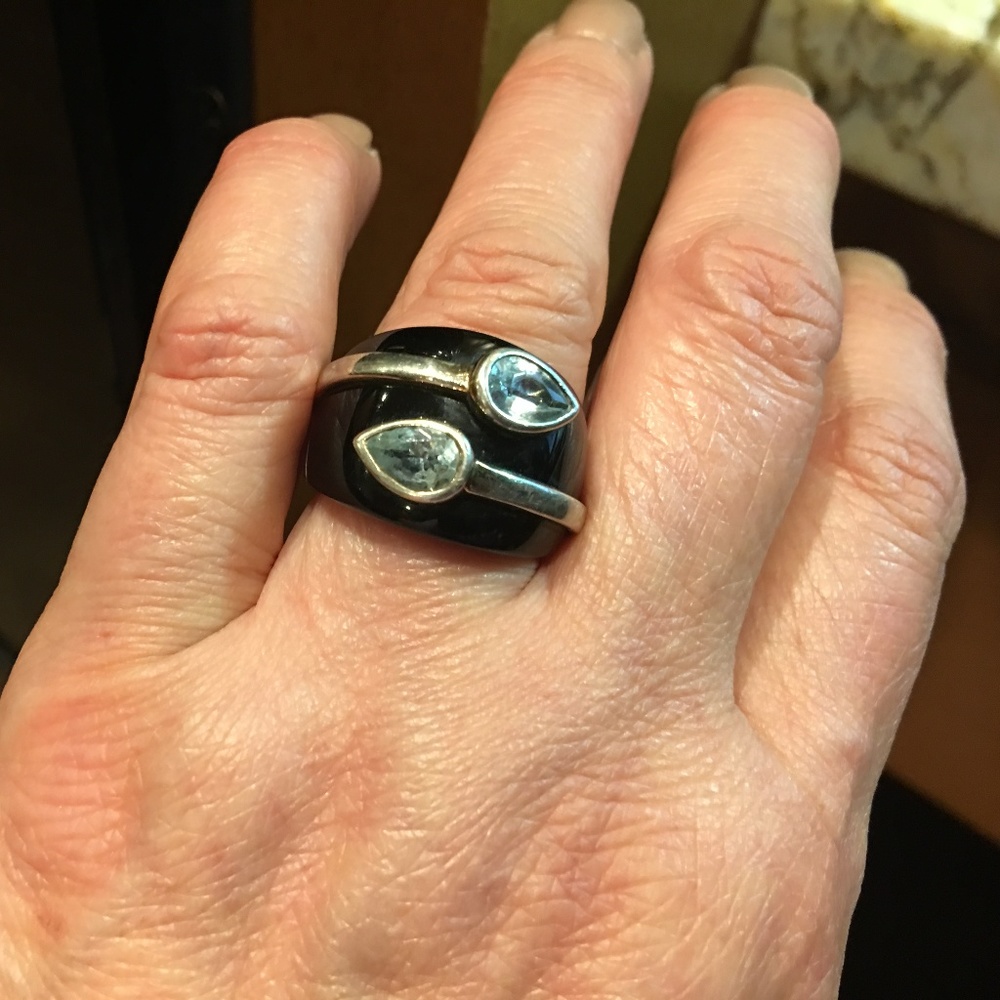 Aquamarine/Onyx ring in sterling silver